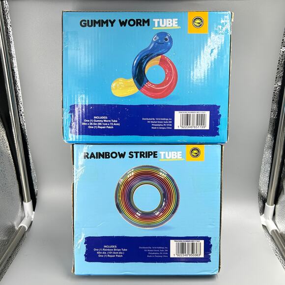 Lot of 2 Inflatable Swim TUBE Rings Gummy Worm & Rainbow Stripe Float NEW - Picture 2 of 10